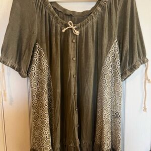 POL Olive Green Lace Accent Women's Top